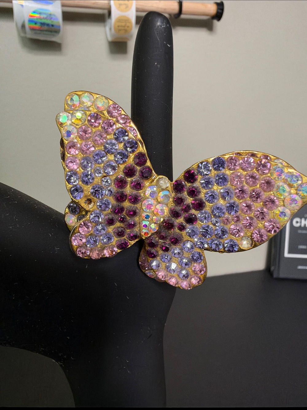 Chunky Fashion Rhinestone Gold Butterfly Brooch Pink Purple Crystals Statement